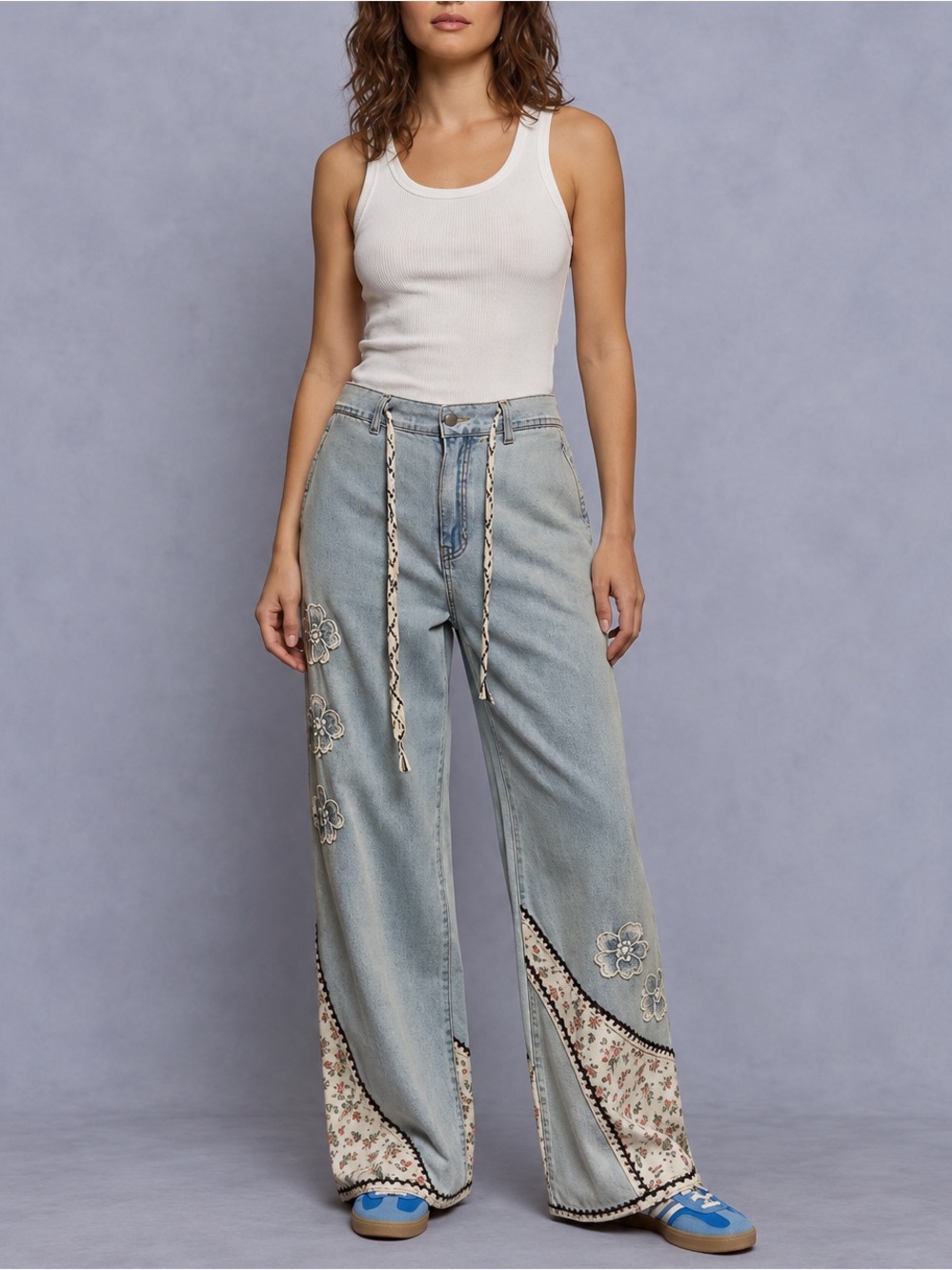 Pol - Bohemian Patchwork Wide Leg Drawstring Jeans